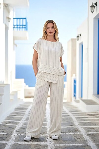 Butikcadde Women's Black Striped Linen Suit