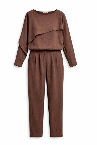 Mixray 4836 women's asymmetric detailed blouse and pants two-piece set - coffee