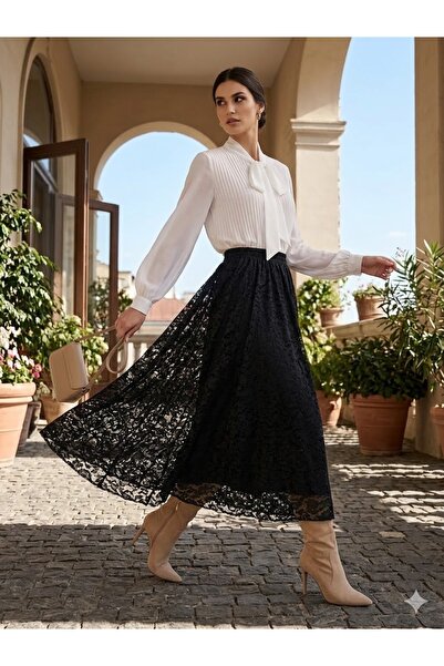 onlymoon Full Lace Fabric Lined Midi Length Skirt |   Pleated Elegant and Sty...