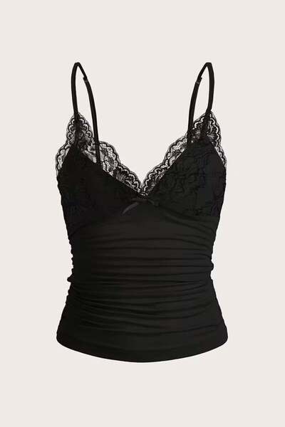 Karakedi Lace Mini Bow Black Spaghetti Strap C Cropped Body