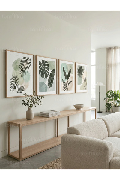 Tontilika Minimalist Botanik Yaprak Temalı 4’lü Ahşap Çerçeveli Tablo Seti