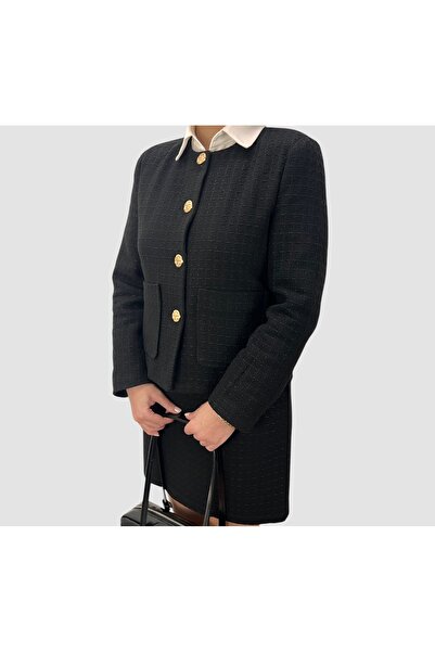 ABAS Black Women's Tweed Jacket Long Sleeve Lined Pocketed Buttoned Stylish J...