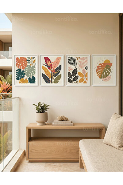 Tontilika Modern Soyut Tropikal Yaprak Desenleri 4’lü Ahşap Çerçeveli Tablo Seti
