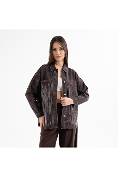 Dadali Women's Stone Embroidered Embroidered Long Sleeve Cotton Denim Jacket