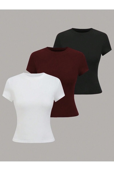 ALİ.COM Women's Basic Crew Neck Slim Fit T-Shirt Set of Three