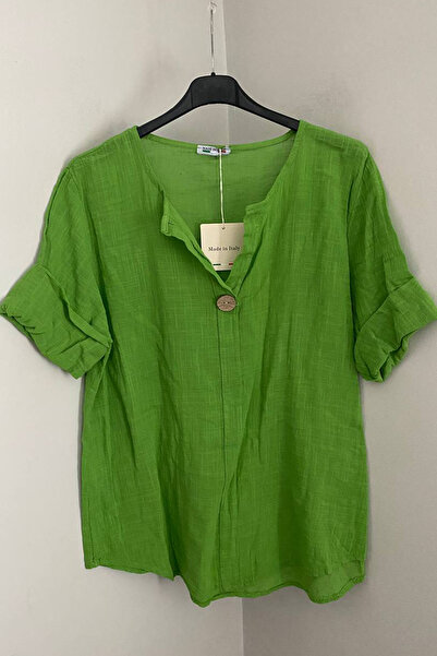 AYASOFYA OTANTIK Women's Italian Light Green Button Detailed 3/4 Sleeve Overs...