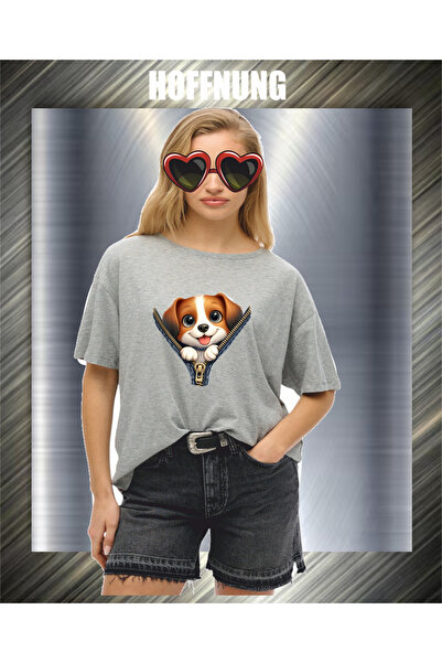 HOFFNUNG Unisex Short Sleeve Round Neck Zipped Dog Printed Solid Color Tshirt