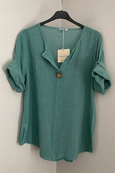 AYASOFYA OTANTIK Women's Italian Greenish Blue Button Detailed 3/4 Sleeve Ove...