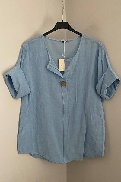 AYASOFYA OTANTIK Women's Italian Light Blue Button Detailed 3/4 Sleeve Oversi...