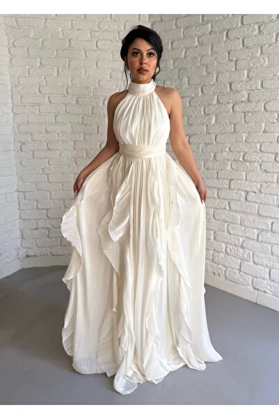 moneta boutique Rochie de damă cu guler halter și volane din șifon