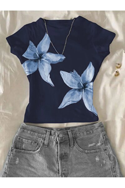 ALİ.COM Women's Floral Printed Lycra Short Sleeve Body Tee Crop