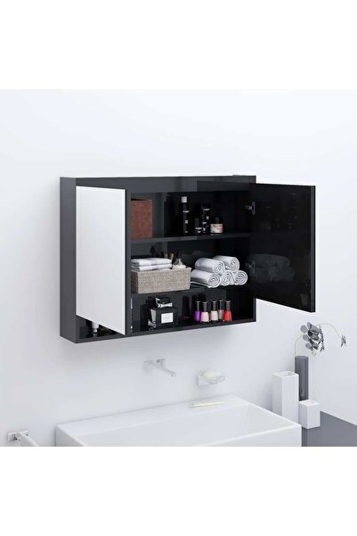 Concept Dulap de baie cu oglindă, negru strălucitor, 80x15x60 cm, MDF