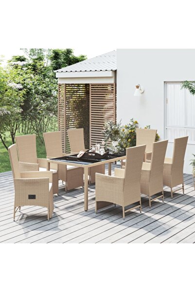 Concept Σετ τραπεζιού κήπου 9 τεμαχίων με μαξιλάρια, μπεζ, πολυρατάν