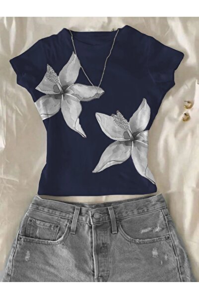 ALİ.COM Women's Floral Printed Lycra Short Sleeve Body Tee Crop