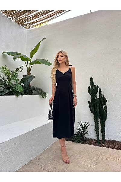 Butikcadde Drape Detail Shoulder Tie-Detail Midiboy Linen Dress Black