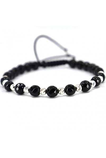 Onixbox Bracelet with Onyx Stones and Silver Beads, Adjustable Cord
