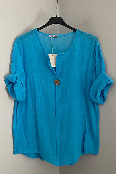 AYASOFYA OTANTIK Bluză tunică pentru femei, italiană, turcoaz, cu nasturi, mâ...