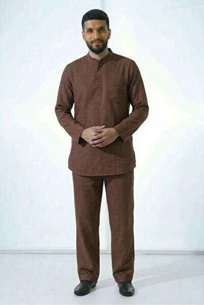 PORİENTO Brown Wide Fit 100% Cotton Muslin Men's Hajj and Umrah Set - Elegant...