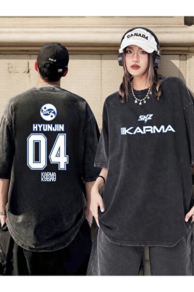 Touz تي شيرت Stray Kids Karma مطبوع للجنسين قابل للغسل بتصميم عتيق كبير الحجم