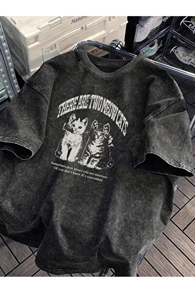 Toum Vintage Two Meow Cats Washable Oversized T-Shirt