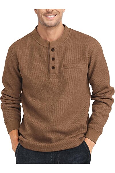 NO BRAND Ανδρικό πουκάμισο Henley με μακριά μανίκια και μοτίβο waffle