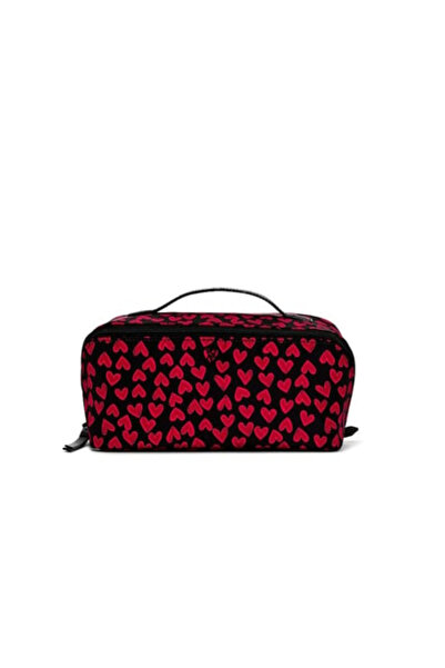 Victoria's Secret Beauty Expandable Travel Makeup Bag Sq. Black Grounded Heart