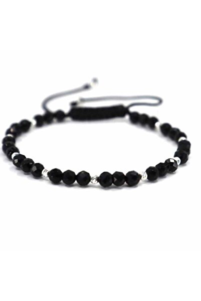 Onixbox Bracelet with Silver Beads 925 and Adjustable Cord, Faceted Onyx Ston...
