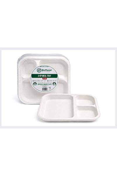 BioPlanet 3CP Meal Tray - 15PCS Sleeve - Biodegradable Bagasse Tableware