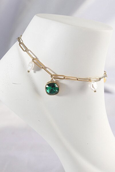 cleovibe 316L Steel Gold Color Emerald Stone Design Anklet Luxe