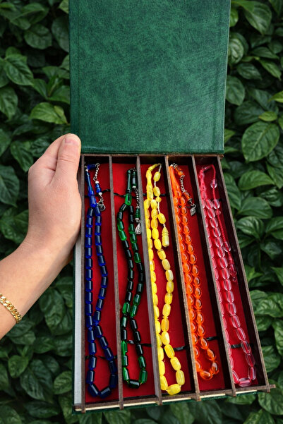 Eflatun Collection 5'li Özel Ahşap Kutulu Kehribar Tesbih Seti