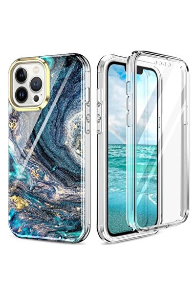 OEM Θήκη iPhone 13 Pro Max Full Body 360 μοιρών σε μάρμαρο, πολυτελής, μπλε