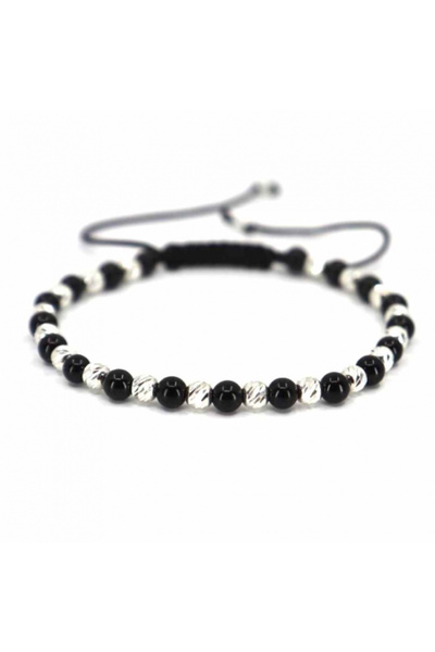 Onixbox Bracelet with Silver Beads 925, Shiny Onyx Stones 4 mm, Adjustable Cord