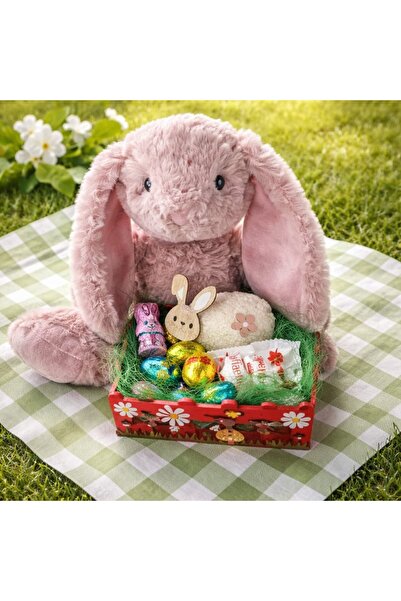 victiny Plush bunny with basket of sweets and Easter figurine