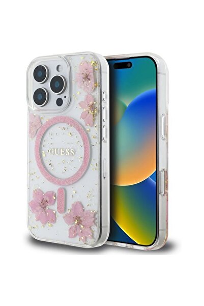 Guess Θήκη Resin Flowers Glitter Magsafe Clear Pink iPhone 16 Pro Max