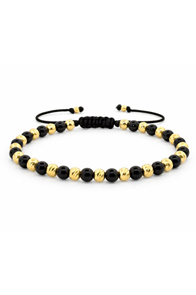 Onixbox Onyx Bracelet with Silver Beads 4mm Gold Plated 18K, Adjustable Cord,...
