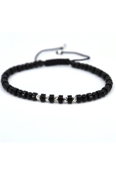 Onixbox Bracelet with Silver Beads and Semi-Precious Onyx Stones, Adjustable ...