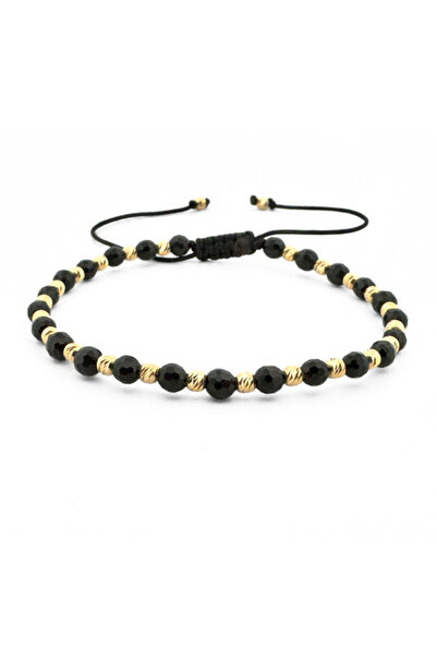 Onixbox Black Faceted Onyx Bracelet 4 mm with Silver Beads Plated with 18K Go...
