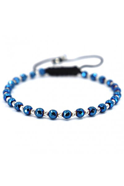 Onixbox Bracelet with Blue Faceted Hematite and Silver Beads, Adjustable Cord