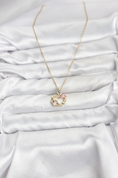 cleovibe 316L Steel Chain Gold Color Pink Stone Detailed Wreath Model Necklace