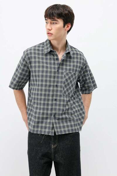 VAMOSCLO Checkered short sleeve oversize shirt khaki