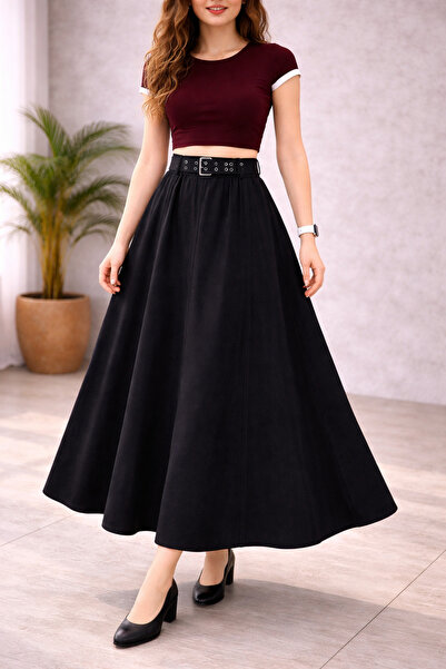 İkoll High Waist Bird-Eye Patterned Long Skirt, Belt Piece Set