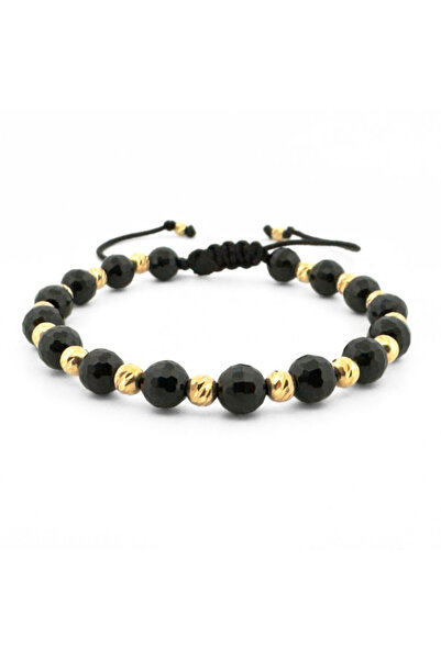 Onixbox Bracelet with Silver Beads 4mm Gold Plated 18K, Faceted Onyx 6mm, Adj...