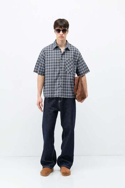 VAMOSCLO Checked Short Sleeve Oversized Shirt Navy Blue