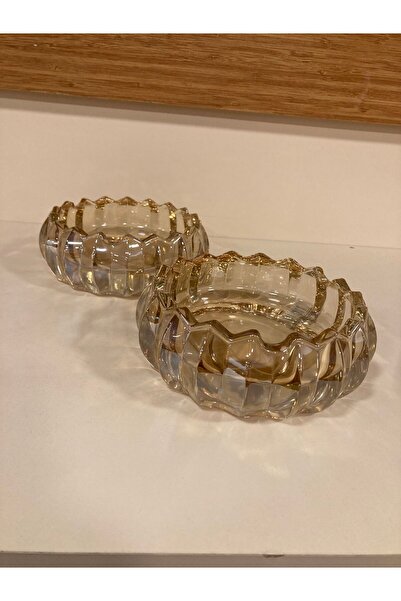 PLUS HOME Ashtray 2-Piece Cut-Out Crystal Glass Honey Color Striped Model Dia...