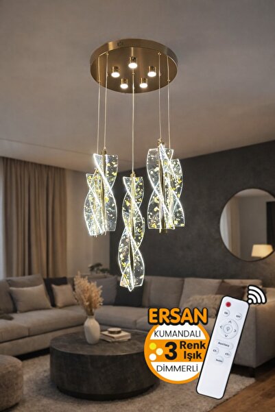 Ersan Avize Neon 6'lı Gold Kumandalı 3 Renk Işık Özellikli Dimmerli Modern Sa...