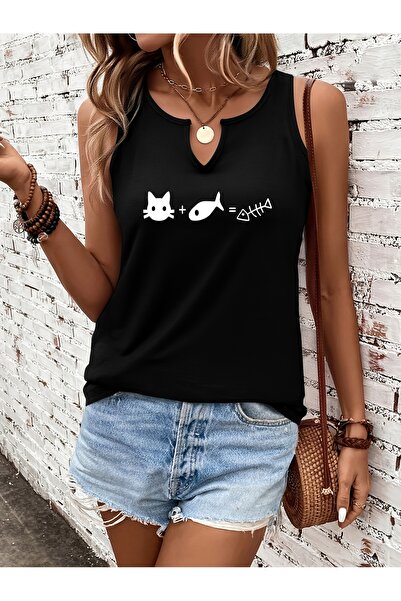 mercoledi Women's Cat Printed Half V-Neck Sleeveless Regular Fit Casual T-Shirt