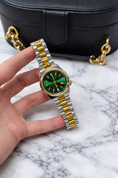 Butik ZÜMRÜT YESİLİ KADRANLI CİFT RENK SİLVER CELIK KORDON KADIN KOL SAATİ
