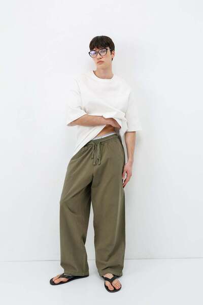 VAMOSCLO Super Baggy Fit Linen Trousers Khaki