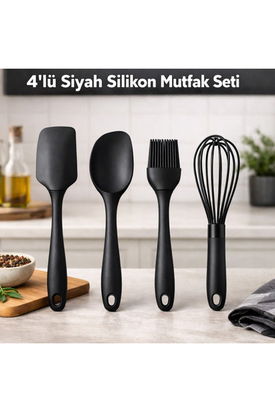 Aden 4’lü Silikon Mutfak Seti Isıya Dayanıklı Spatula Kaşık Fırça Çırpıcı Yan...
