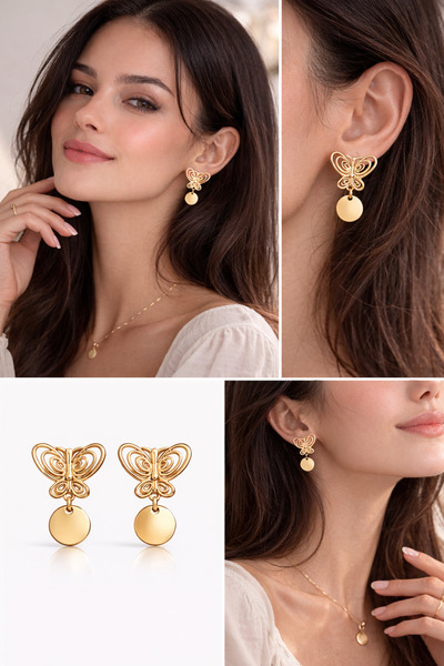 mdm style Füsun Gold Color Design Butterfly Earrings – Elegant, Sparkling, an...